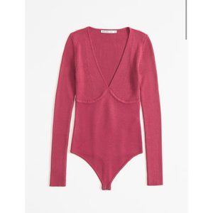 Abercrombie & Fitch Long-Sleeve V-Neck Sweater Bodysuit in Pink